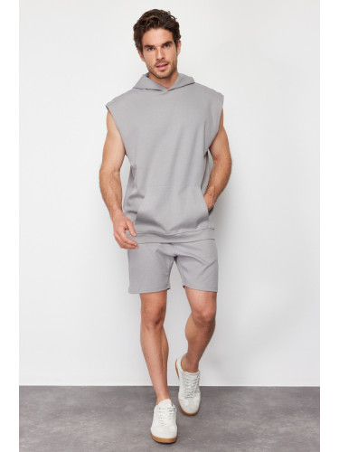 Trendyol Gray Oversize Hooded Pocket Sleeveless Sweatshirt Undershirt