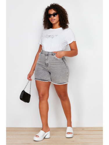Trendyol Curve Gray Pocket and Leg Tassel Detail Mini Denim Shorts