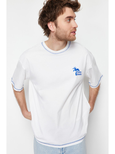 Trendyol Ecru Oversize Printed 100% Cotton T-Shirt