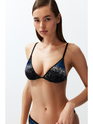 Trendyol Black Triangle Sequined Bikini Top