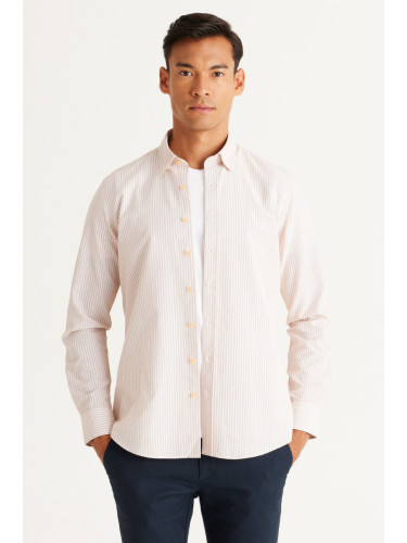 ALTINYILDIZ CLASSICS Men's White-Orange Slim Fit Slim Fit Hidden Button Collar Cotton Striped Shirt