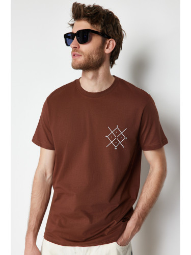 Trendyol Brown Regular Cut Logo Printed 100% Cotton Short Sleeve T-Shirt