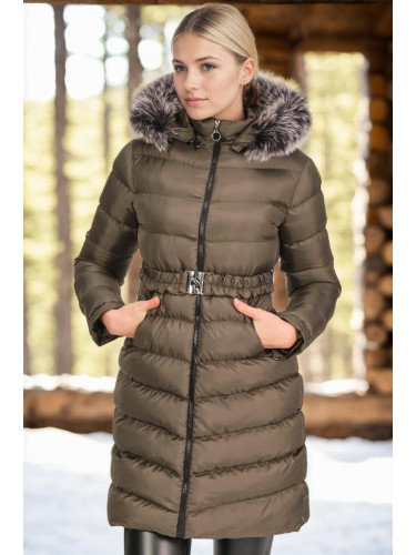 Z6690 DEWBERRY FUR HOODED LADIES' COAT-PLAIN KHAKI