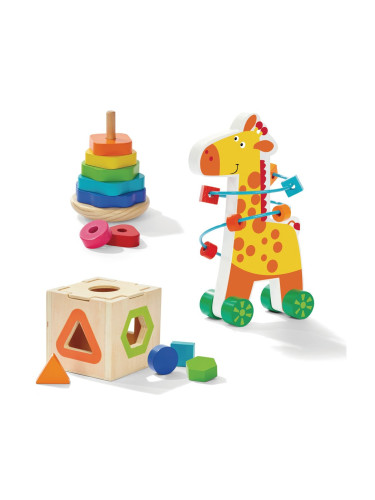 Дървен комплект - Лабиринт с жираф люлееща се кула и куб-сортер AcoolToy 18 м+