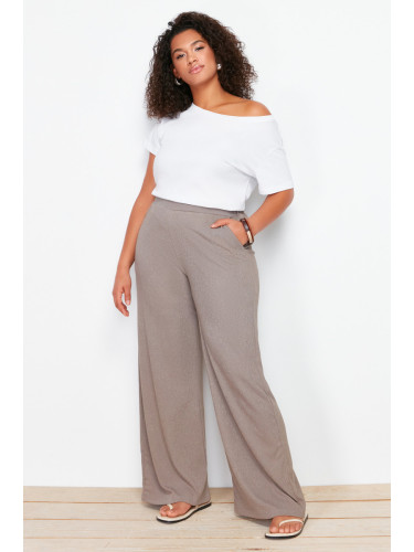 Trendyol Curve Brown Wide Cut Crepe Knit Plus Size Trousers