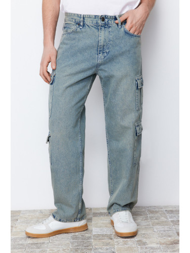 Trendyol Blue Worn Look Cargo Pocket Wide Cut Jeans Loose Denim Trousers
