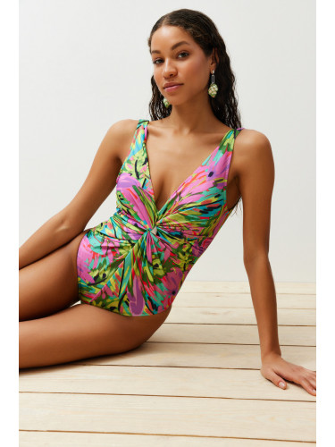 Trendyol Tropical Patterned Deep V Neck Knotted High Leg Regular Swimsuit
