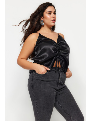 Trendyol Curve Black V-Neck Adjustable Strap Gathered Detailed Woven Blouse