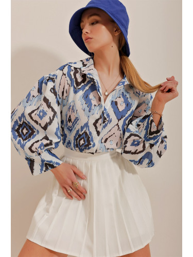 Trend Alaçatı Stili Women's Indigo Princess Ethnic Patterned Flared Linen Woven Shirt