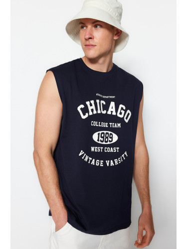 Trendyol Navy Blue Relaxed/Comfortable Cut City Printed 100% Cotton Sleeveless T-Shirt/Athlete
