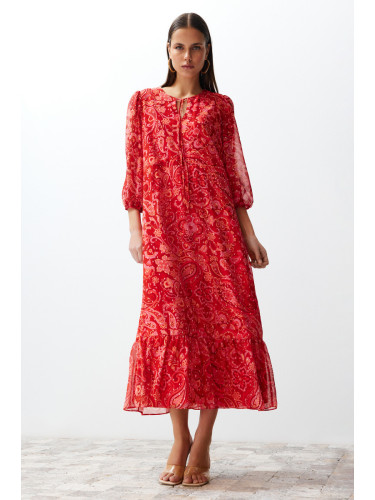 Trendyol Pink Paisley Patterned Straight Cut Maxi Lined Chiffon Woven Dress