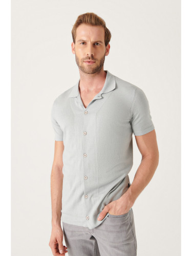Avva Men's Gray Cuban Collar Buttoned Regular Fit Knitwear T-shirt