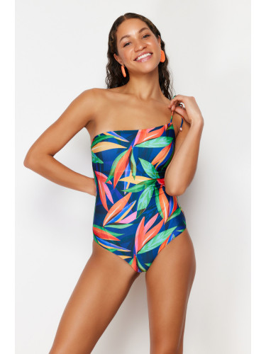 Trendyol Tropical Patterned One-Shoulder Tie Regular Swimsuit