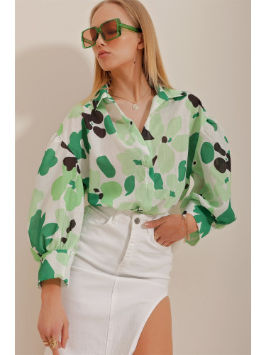 Trend Alaçatı Stili Women's Green Princess Ethnic Patterned Flared Linen Woven Shirt