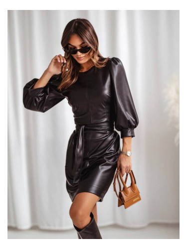 Black eco-leather dress tied at the waist Cocomore