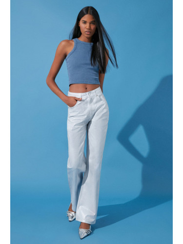 Trendyol White Shiny Metallic Printed High Waist Wide Leg Jeans