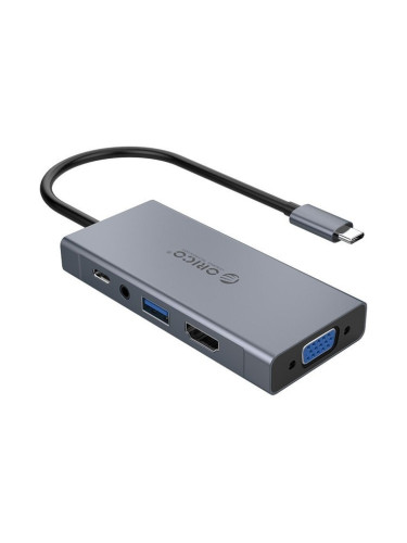 Докинг станция Orico MC-U501P, от USB C към 1x USB C(PD), 1x USB A, 1x HDMI, 1x VGA, 1x AUX, сив