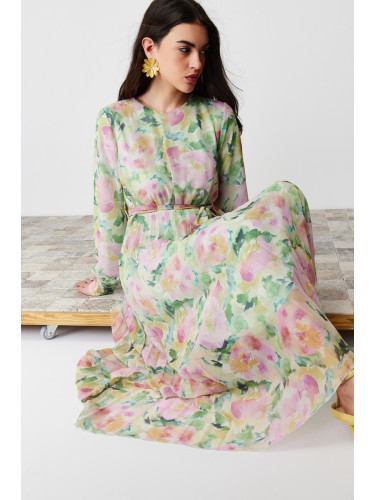 Trendyol Light Green Floral Belt Detailed Lined Pleated Chiffon Woven Dress