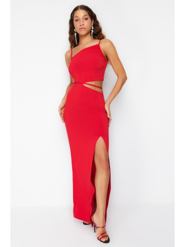 Trendyol Red Bias Detailed Knitted Long Evening Dress