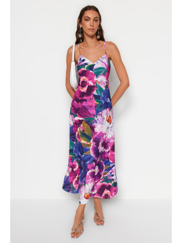 Trendyol Multicolored Flower Print Straight Cut Strap Midi Satin Woven Dress