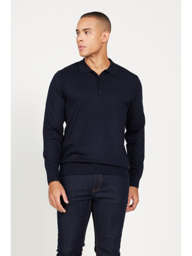 ALTINYILDIZ CLASSICS Men's Navy Blue Standard Fit Normal Cut Polo Collar Knitwear Sweater.