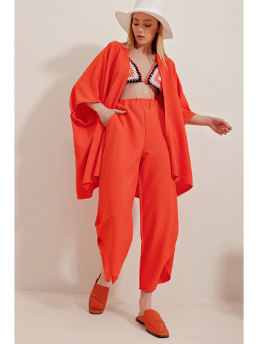 Trend Alaçatı Stili Women's Orange Self-Textured Trousers And Jacket With Slit Legs Double Suit