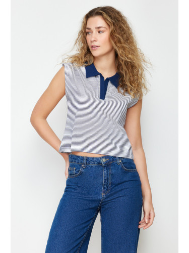 Trendyol Navy Blue Striped Polo Neck Regular/Normal Pattern Knitted T-Shirt