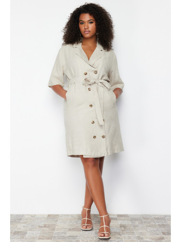 Trendyol Curve Beige Double Breasted Woven Jacket Linen Blend Dress