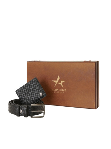 ALTINYILDIZ CLASSICS Men's Black Special Wooden Belt with Gift Box - Card Holder Accessory Set Groom's Pack