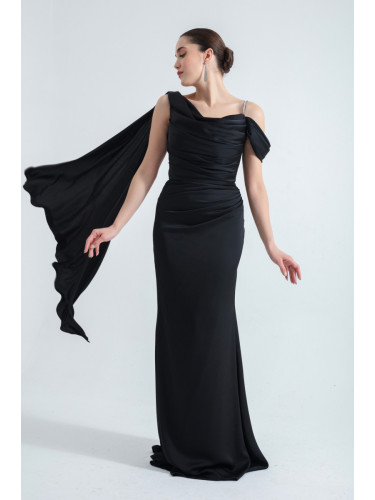 Lafaba Women's Black One-Shoulder Stone Strap Long Satin Evening Dress