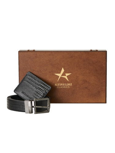 ALTINYILDIZ CLASSICS Men's Black Special Wooden Belt with Gift Box - Card Holder Accessory Set Groom's Pack