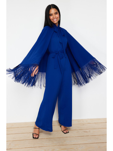 Trendyol Navy Blue Tassel Cape-Jumpsuit Evening Dress Set