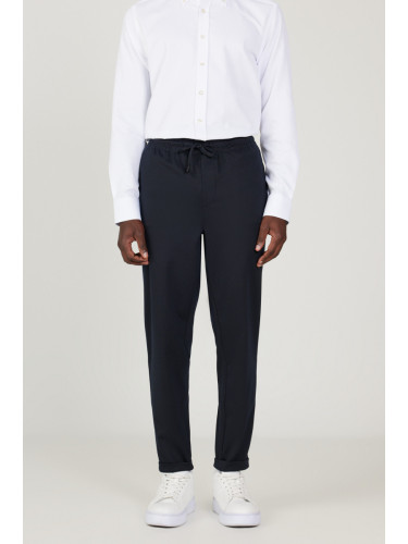 AC&Co / Altınyıldız Classics Men's Navy Blue Standard Fit Regular Cut Comfortable Flannel Pocket Tie Waist Knitted Stretch Trousers