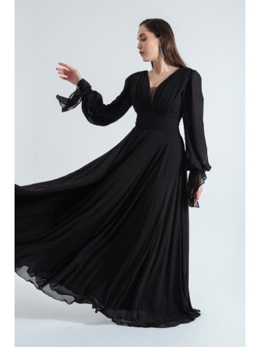 Lafaba Women's Black V-Neck Long Chiffon Evening Dress