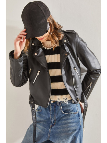 Bianco Lucci Women's Leather Jacket with Epaulettes, Zippered Sleeves and Belt