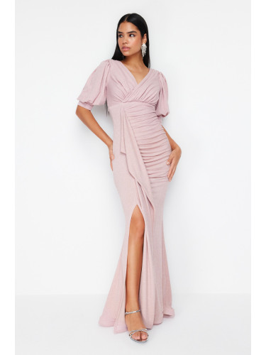 Trendyol Powder Draped Knitted Long Elegant Evening Dress