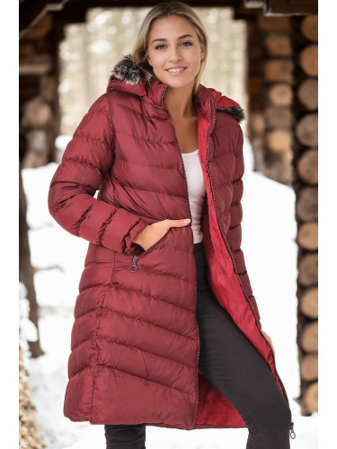 Z6690 DEWBERRY FUR HOODED LADIES' COAT-LIGHT BURGUNDY