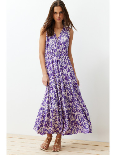 Trendyol Dark Purple Floral A-line V-Neck Sleeveless A-Line Polyester Camisole Maxi Dress
