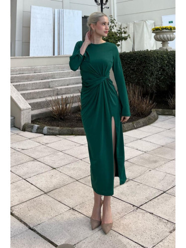 Madmext Emerald Green Basic Slit Detailed Long Sleeve Dress