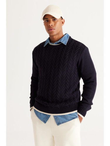 AC&Co / Altınyıldız Classics Men's Navy Blue Standard Fit Regular Cut Crew Neck Patterned Knitwear Sweater