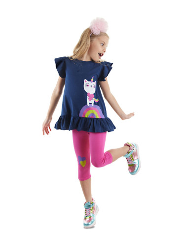 Denokids Navy Blue Pink Unicorn Cat Frilly Girl's Summer T-shirt Tights Set