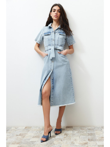 Trendyol Blue Belt Maxi Denim Dress