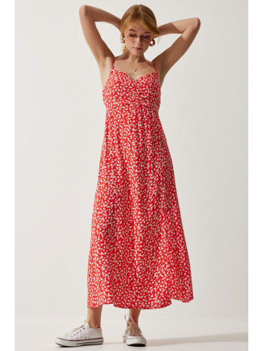 Happiness İstanbul Women's Red Strap Patterned Viscose Dress