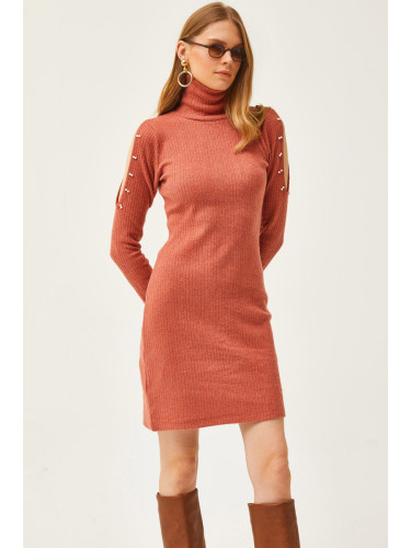 Olalook Women's Tile Decollete Decollete Bead Detailed Turtleneck Raised Dress