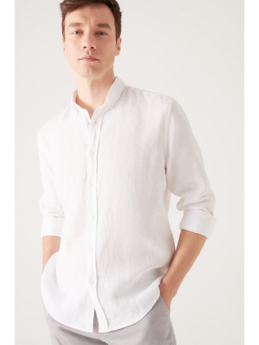 Avva Men's White 100% Linen Buttoned Collar Comfort Fit Shirt