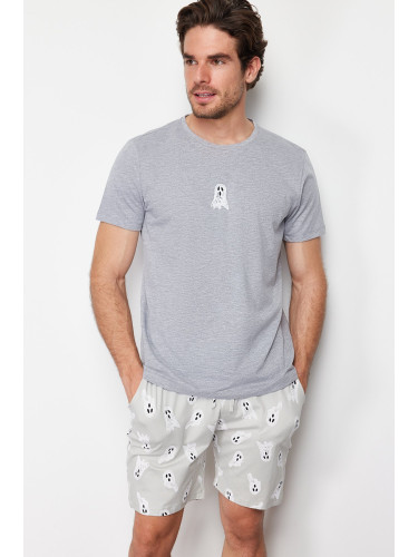 Trendyol Gray Printed Regular Fit Knitted Pajamas Set