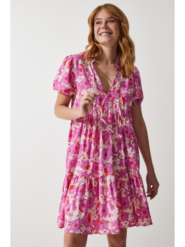 Happiness İstanbul Women's Pink Floral Summer Viscose Flared Dress