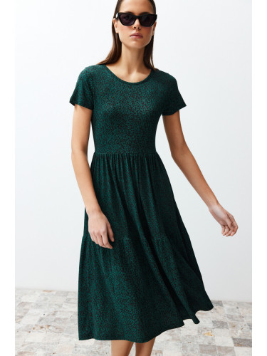 Trendyol Dark Green Polka Dot Midi Printed Skater/Waist Open Stretch Knit Dress