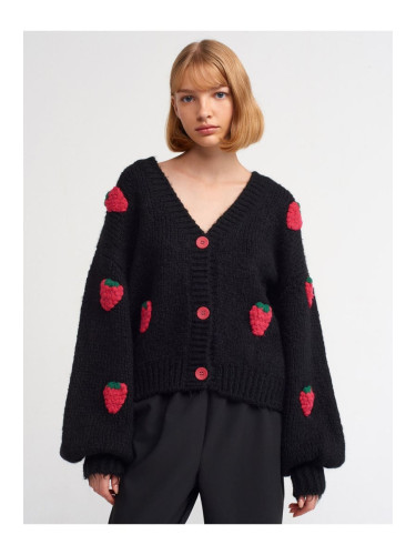 Dilvin 60185 V-Neck Strawberry Embroidered Balloon Sleeve Knitwear Cardigan-black