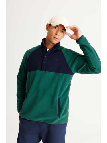 AC&Co / Altınyıldız Classics Men's Green-Navy Blue Standard Fit Normal Cut Stand-Up Bato Collar Patterned Fleece Sweatshirt